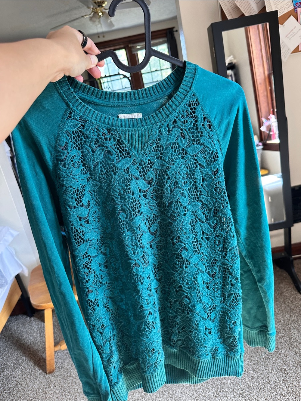 Zara Teal Lace-Front Long Sleeve Sweatshirt